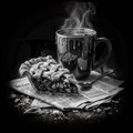 Black and white image of a pie slice and mug with steam on a newspaper.