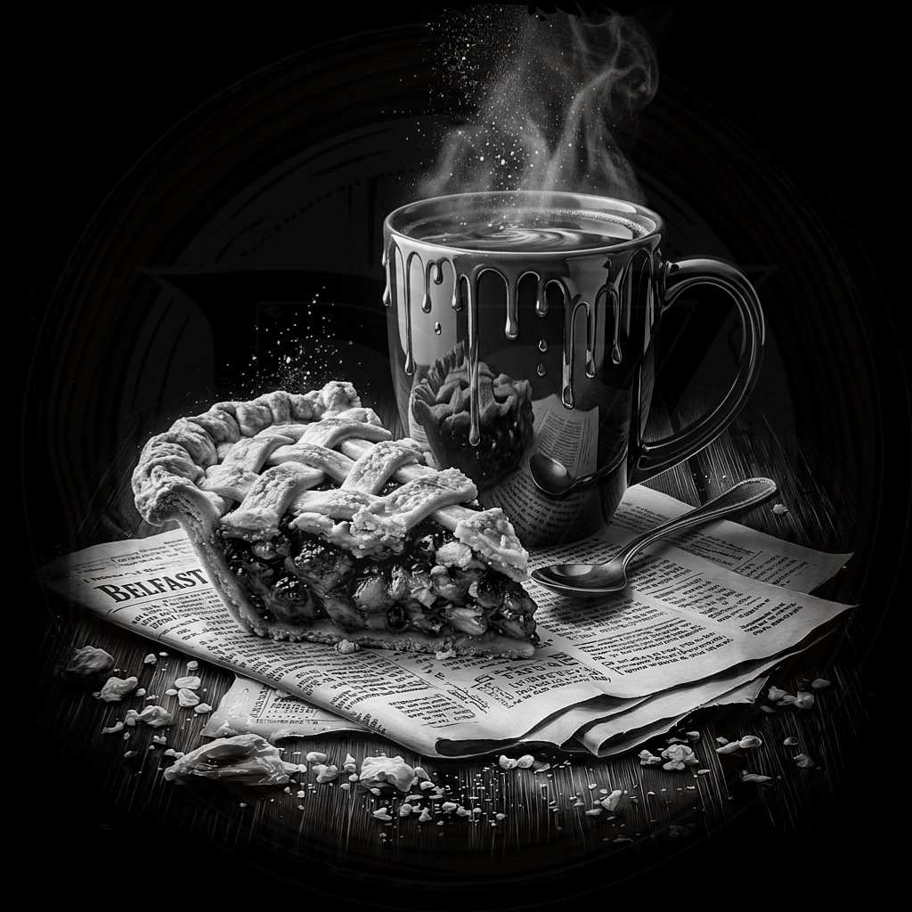 Black and white image of a pie slice and mug with steam on a newspaper.