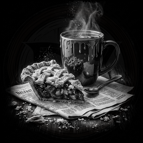 Black and white image of a pie slice and mug with steam on a newspaper.