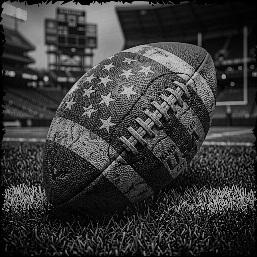 Football with American flag pattern on grass field