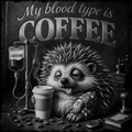 Illustration of a hedgehog with a coffee cup and text 'My blood type is COFFEE' on a dark background.