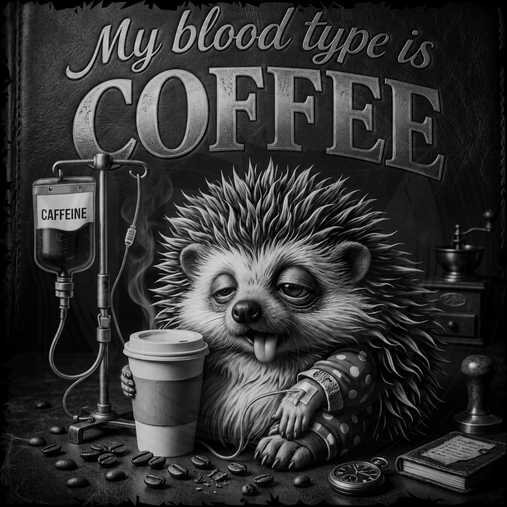 Illustration of a hedgehog with a coffee cup and text 'My blood type is COFFEE' on a dark background.