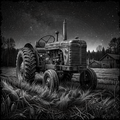 Vintage tractor in a field under a starry night sky with a barn in the background.