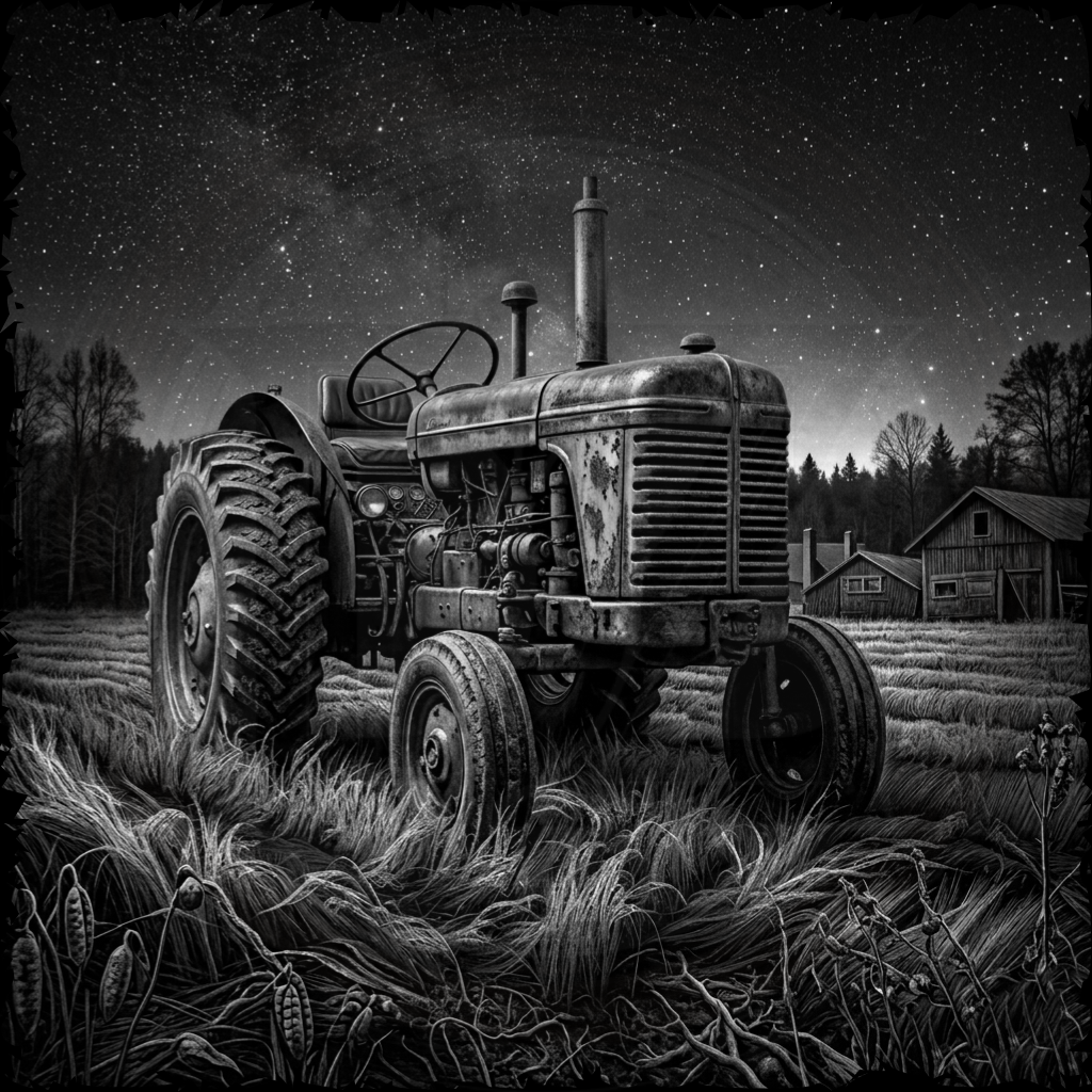 Vintage tractor in a field under a starry night sky with a barn in the background.