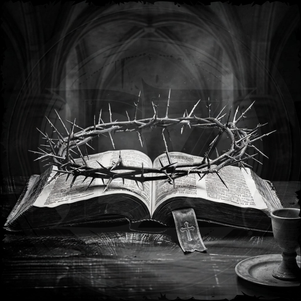 Crown of thorns on an open book with a cross, set against a dark background