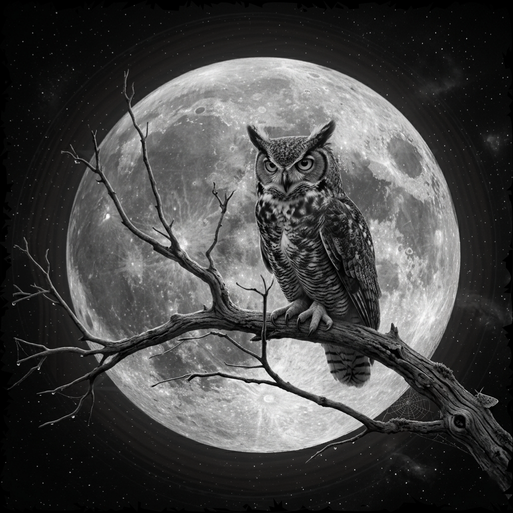 Owl perched on a branch in front of a full moon