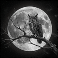 Owl perched on a branch in front of a full moon