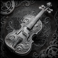 Decorative violin with intricate patterns and gears on a dark background