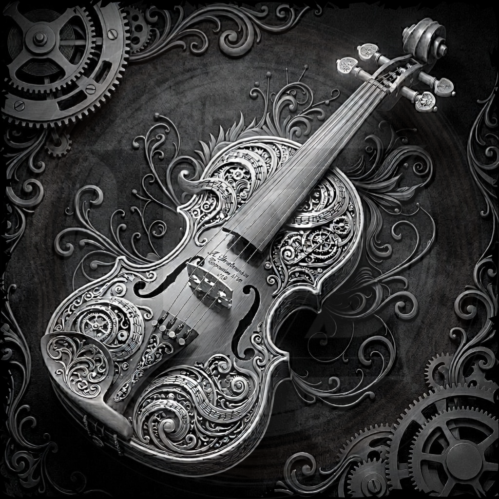 Decorative violin with intricate patterns and gears on a dark background