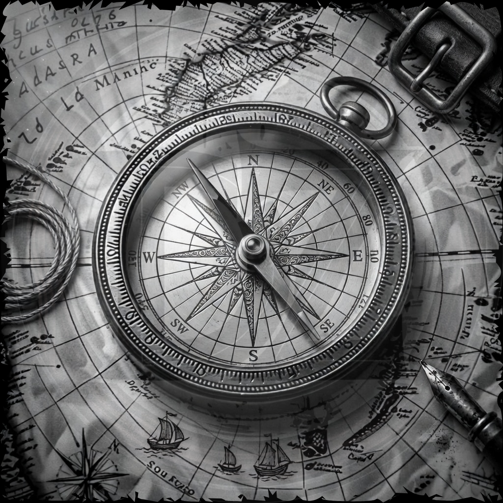Vintage-style compass on an old map with a belt buckle and rope.