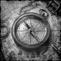 Vintage-style compass on an old map with a belt buckle and rope.