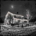 Decorated house at night with snow and a full moon