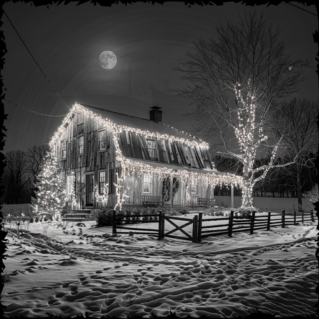 Decorated house at night with snow and a full moon