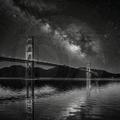Black and white image of the Golden Gate Bridge under a starry night sky.