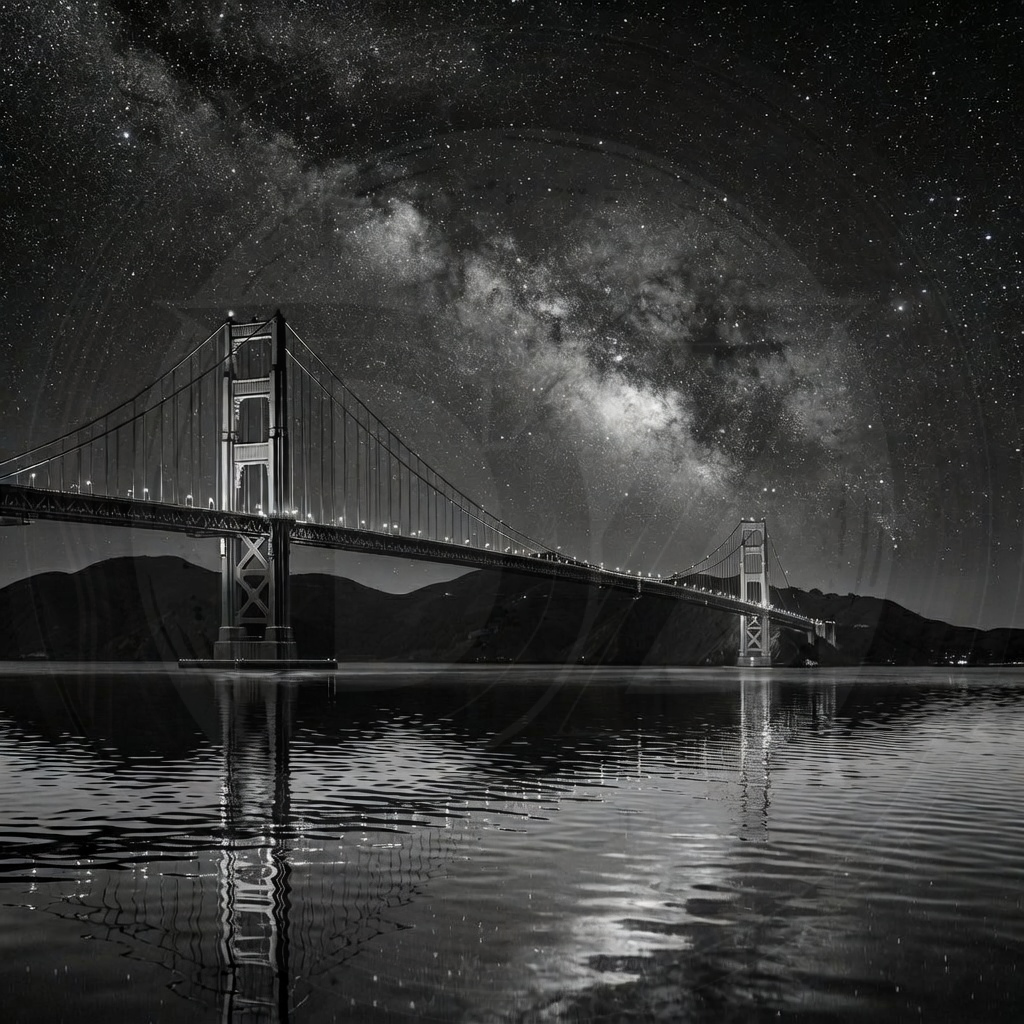 Black and white image of the Golden Gate Bridge under a starry night sky.
