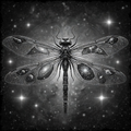 Black and white dragonfly illustration with celestial elements on a starry background