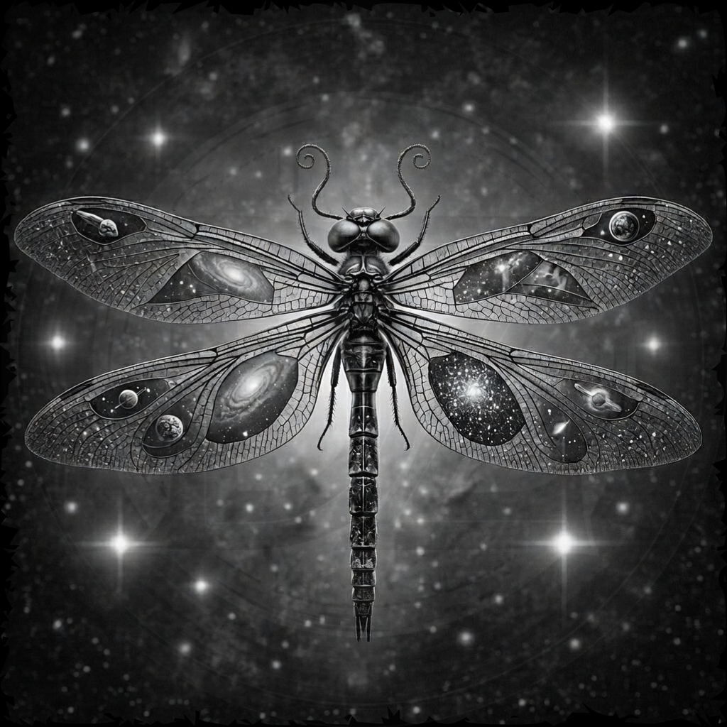 Black and white dragonfly illustration with celestial elements on a starry background
