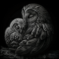 Two owls embracing each other with a dark background