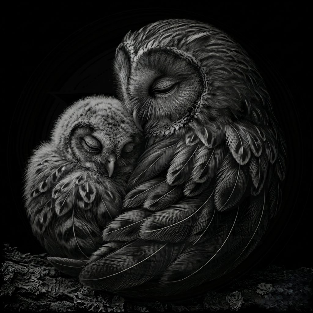 Two owls embracing each other with a dark background