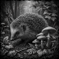 Black and white illustration of a hedgehog among mushrooms and leaves in a forest setting