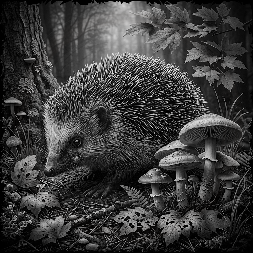 Black and white illustration of a hedgehog among mushrooms and leaves in a forest setting