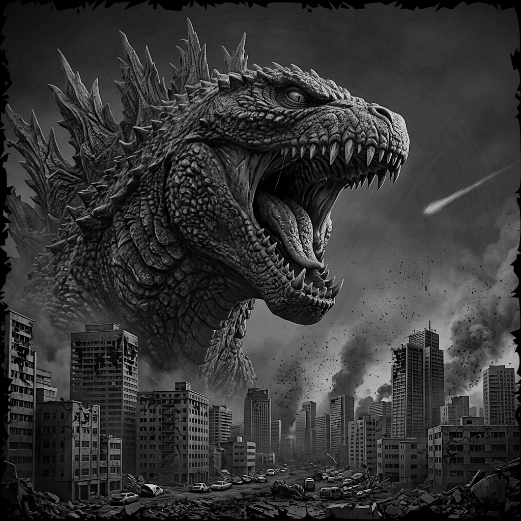 Illustration of a large dinosaur-like creature roaring over a destroyed cityscape with dark clouds in the background.