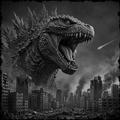Illustration of a large dinosaur-like creature roaring over a destroyed cityscape with dark clouds in the background.