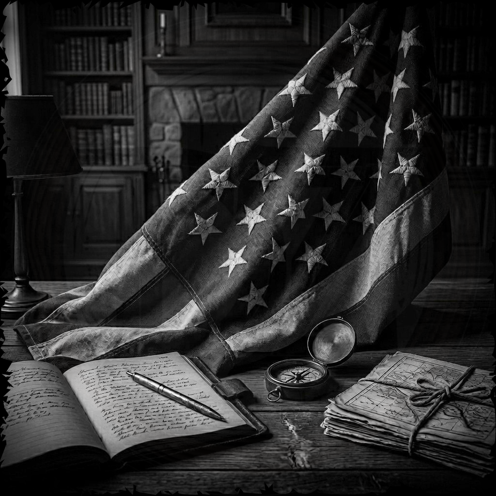 Vintage American flag, open book, pen, compass, and letters on a wooden desk with a library background.
