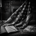 Vintage American flag, open book, pen, compass, and letters on a wooden desk with a library background.