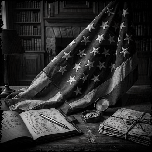 Vintage American flag, open book, pen, compass, and letters on a wooden desk with a library background.
