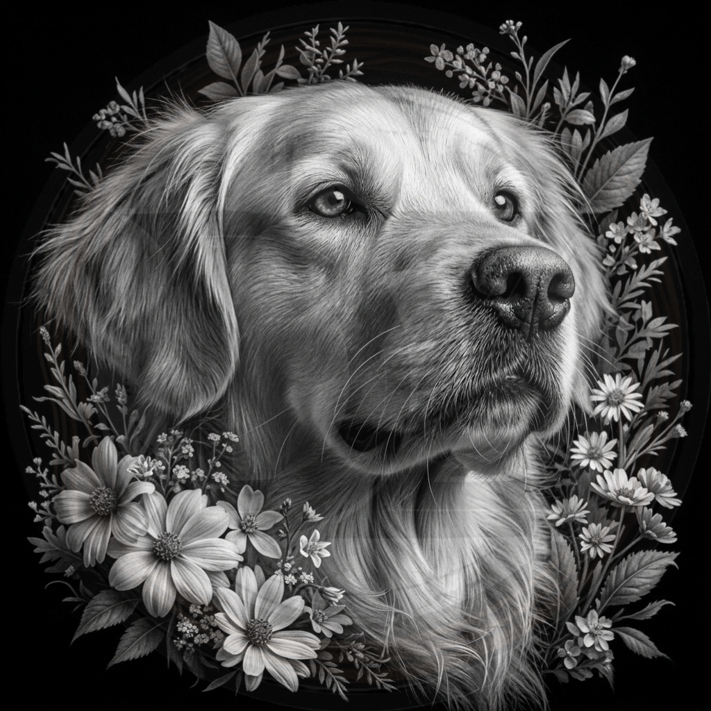 Black and white illustration of a dog surrounded by flowers