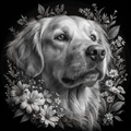 Black and white illustration of a dog surrounded by flowers