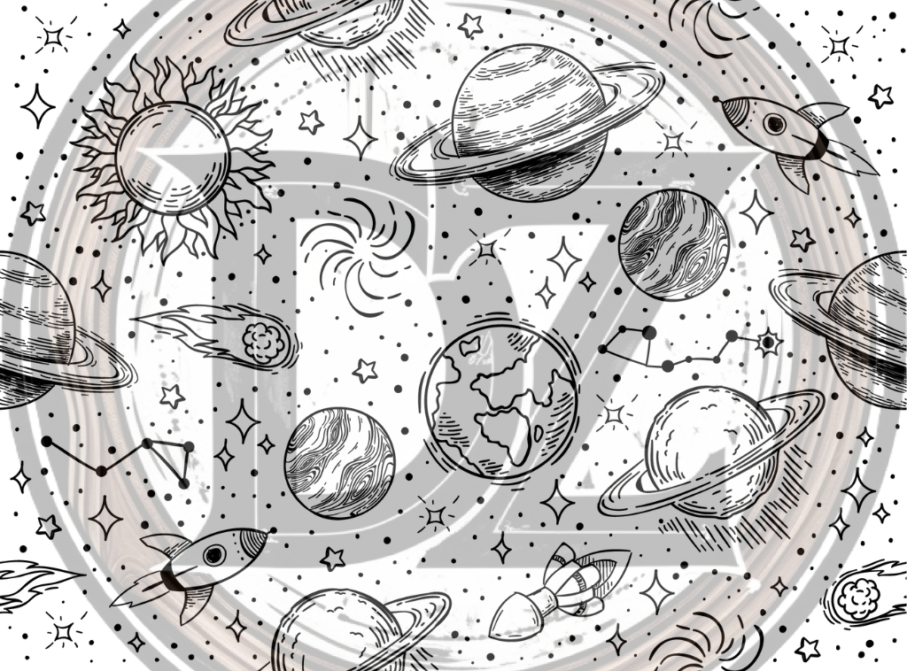 Circular design with space-themed elements including planets and stars on a white background.