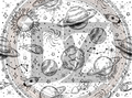 Circular design with space-themed elements including planets and stars on a white background.