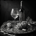 Wine bottle, glass, and grapes on a decorative tray with a dark background