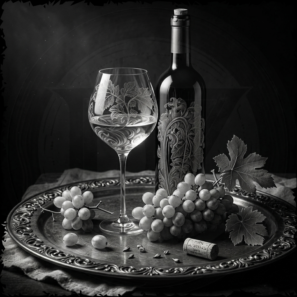 Wine bottle, glass, and grapes on a decorative tray with a dark background