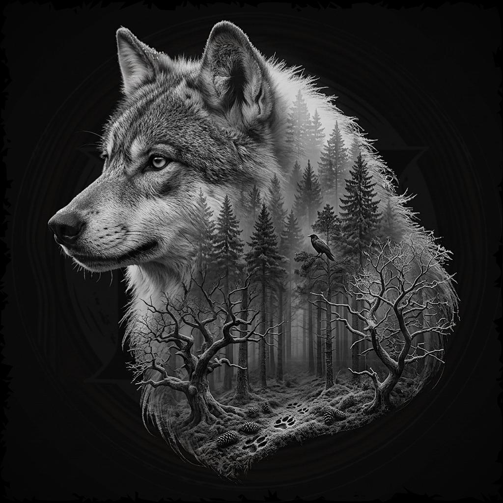 Wolf's head with a forest inside its fur on a black background