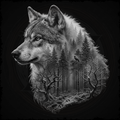 Wolf's head with a forest inside its fur on a black background