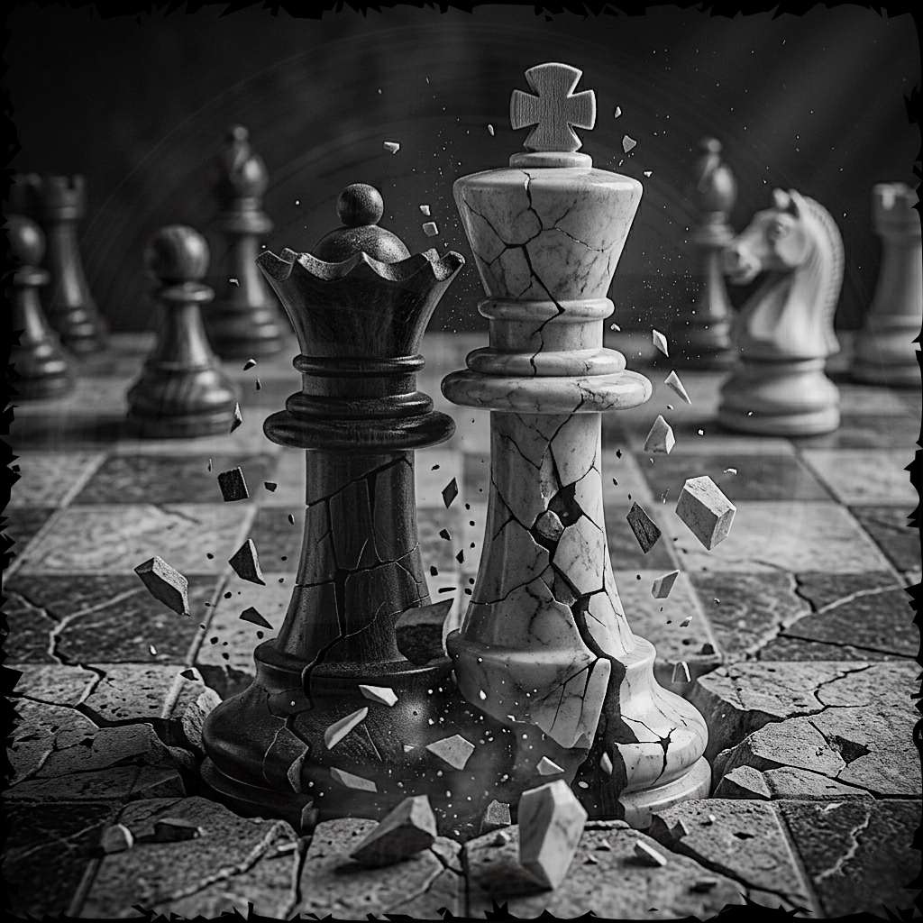 Broken chess pieces on a chessboard with a cracked king piece in the foreground.