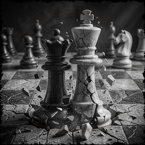 Broken chess pieces on a chessboard with a cracked king piece in the foreground.