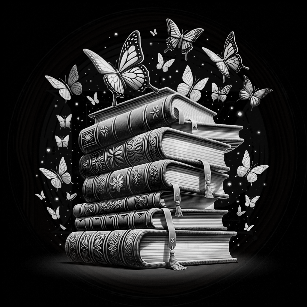 Stack of books with butterflies on a black background