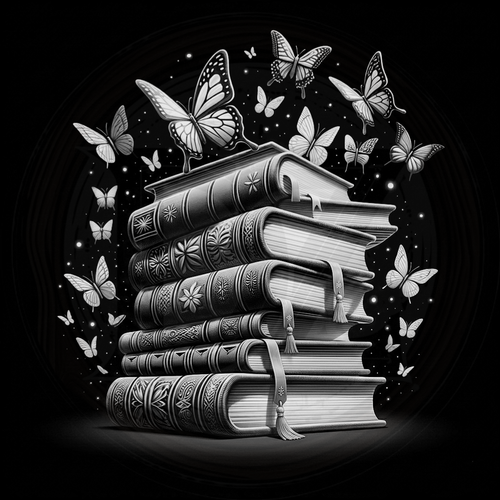 Stack of books with butterflies on a black background