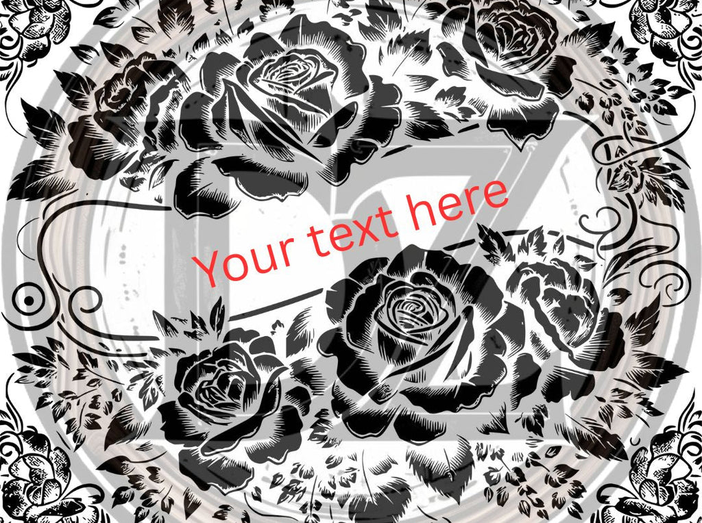Decorative design with black roses and space for text on a white background