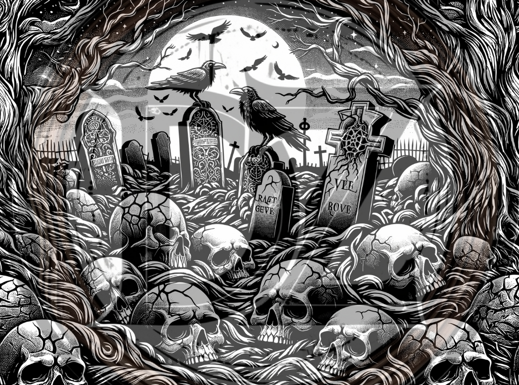 Gothic graveyard scene with skulls, crows, and tombstones in black and white.