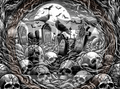 Gothic graveyard scene with skulls, crows, and tombstones in black and white.