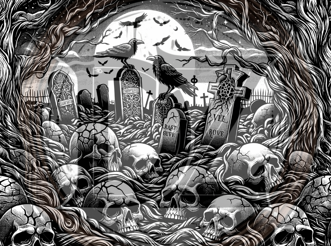 Gothic graveyard scene with skulls, crows, and tombstones in black and white.