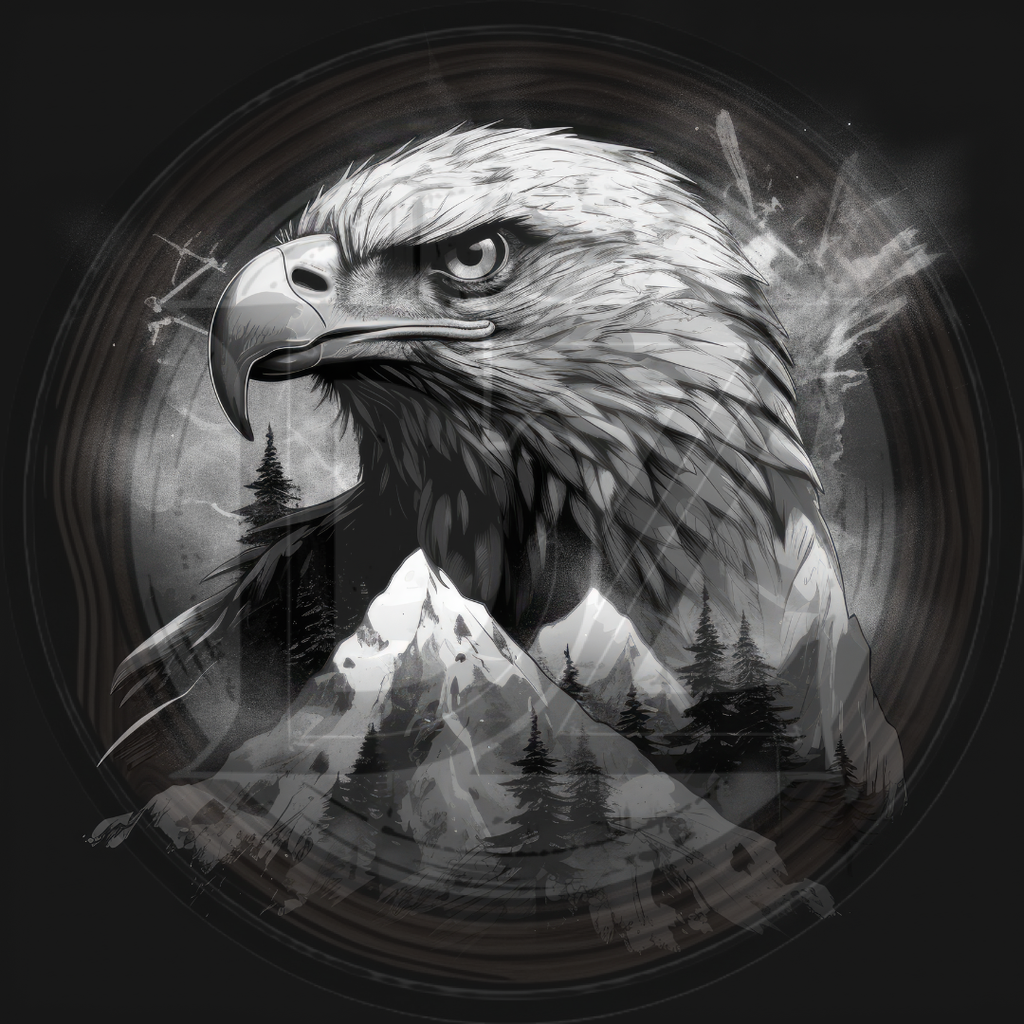 Black and white illustration of an eagle with mountains and trees in the background