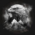 Black and white illustration of an eagle with mountains and trees in the background