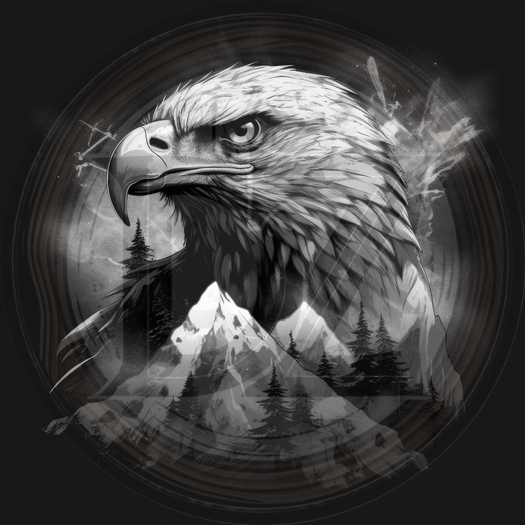 Black and white illustration of an eagle with mountains and trees in the background