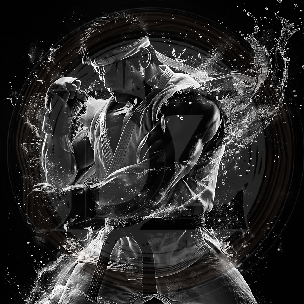 Black and white illustration of a martial artist in action with dynamic water effects.